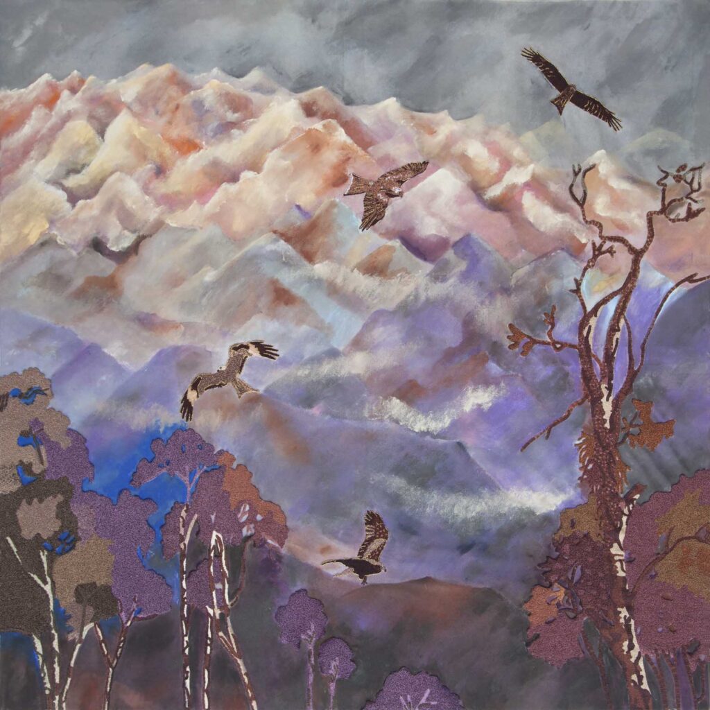 The flutter of her wings and the unbending mountains, Mix media on recycled plastic yarn, 2372, 2025
