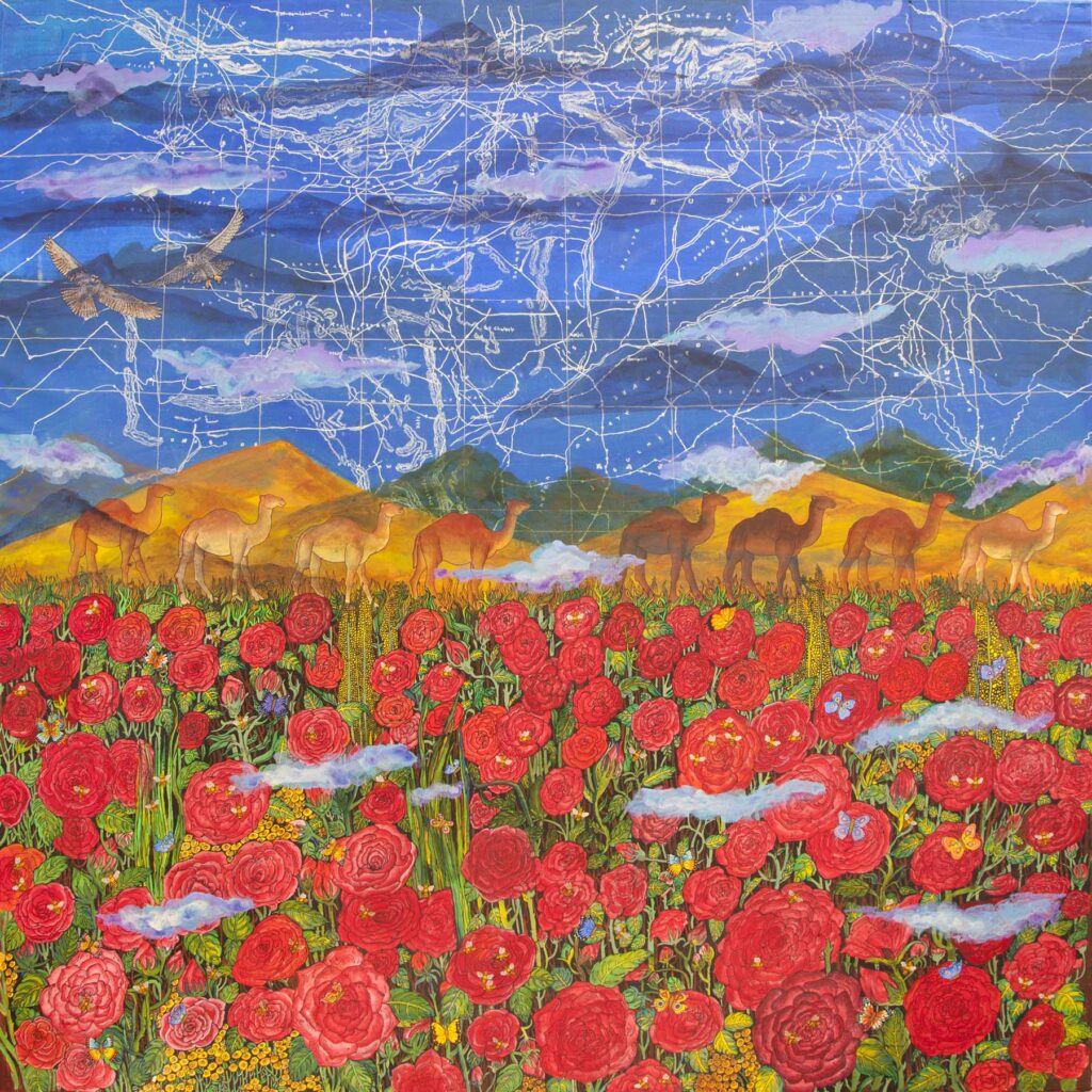 Gulab Ke Khet - Khula Aasman Acrylic colors and ink on canvas with 24ct gold and silver leaf